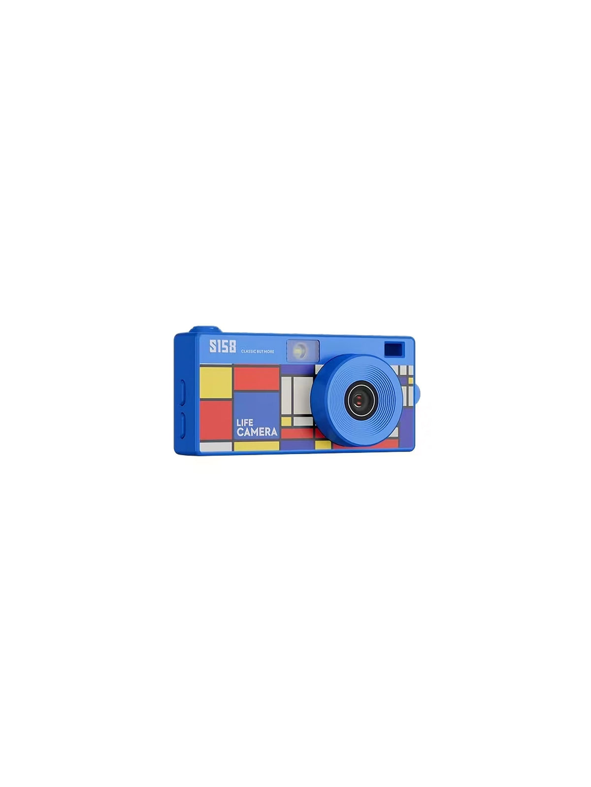 Mini máquina fotográfica digital em azul com padrão geométrico de blocos coloridos estilo Mondrian.