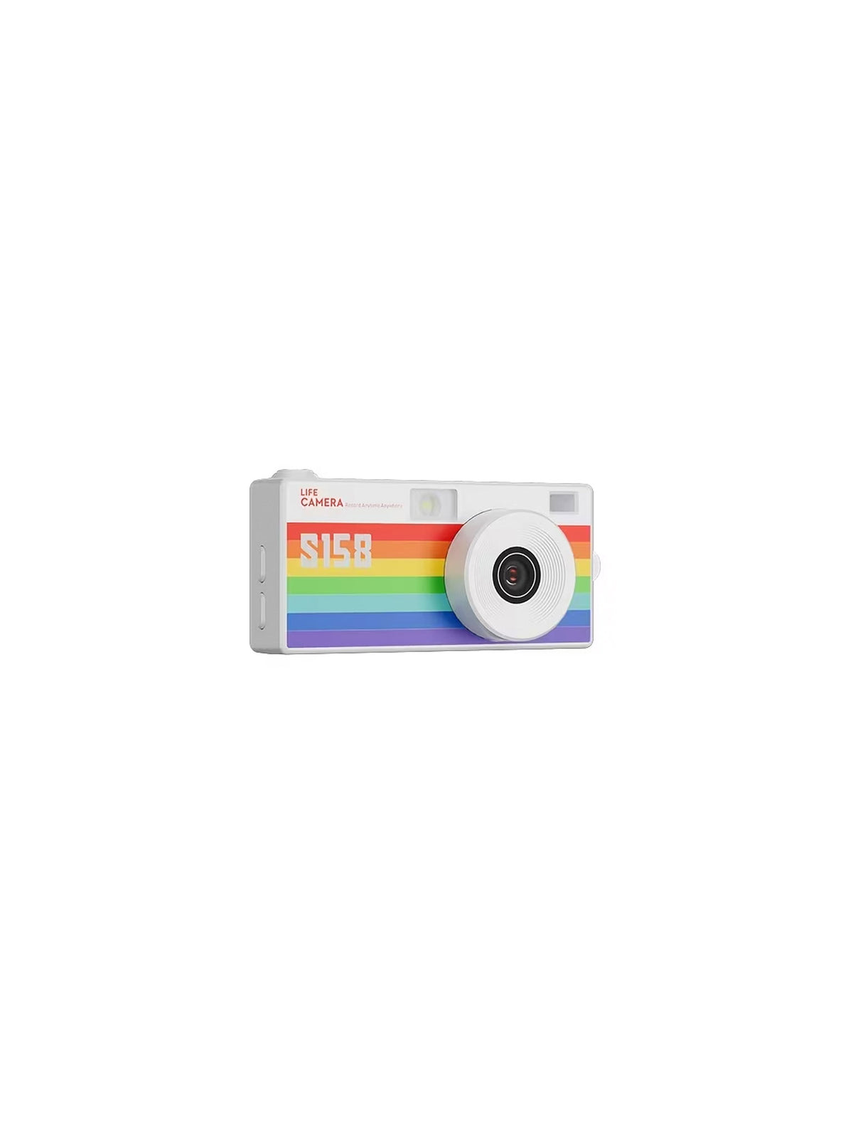 Mini máquina fotográfica digital em branco com padrão de riscas horizontais estilo arco-íris.