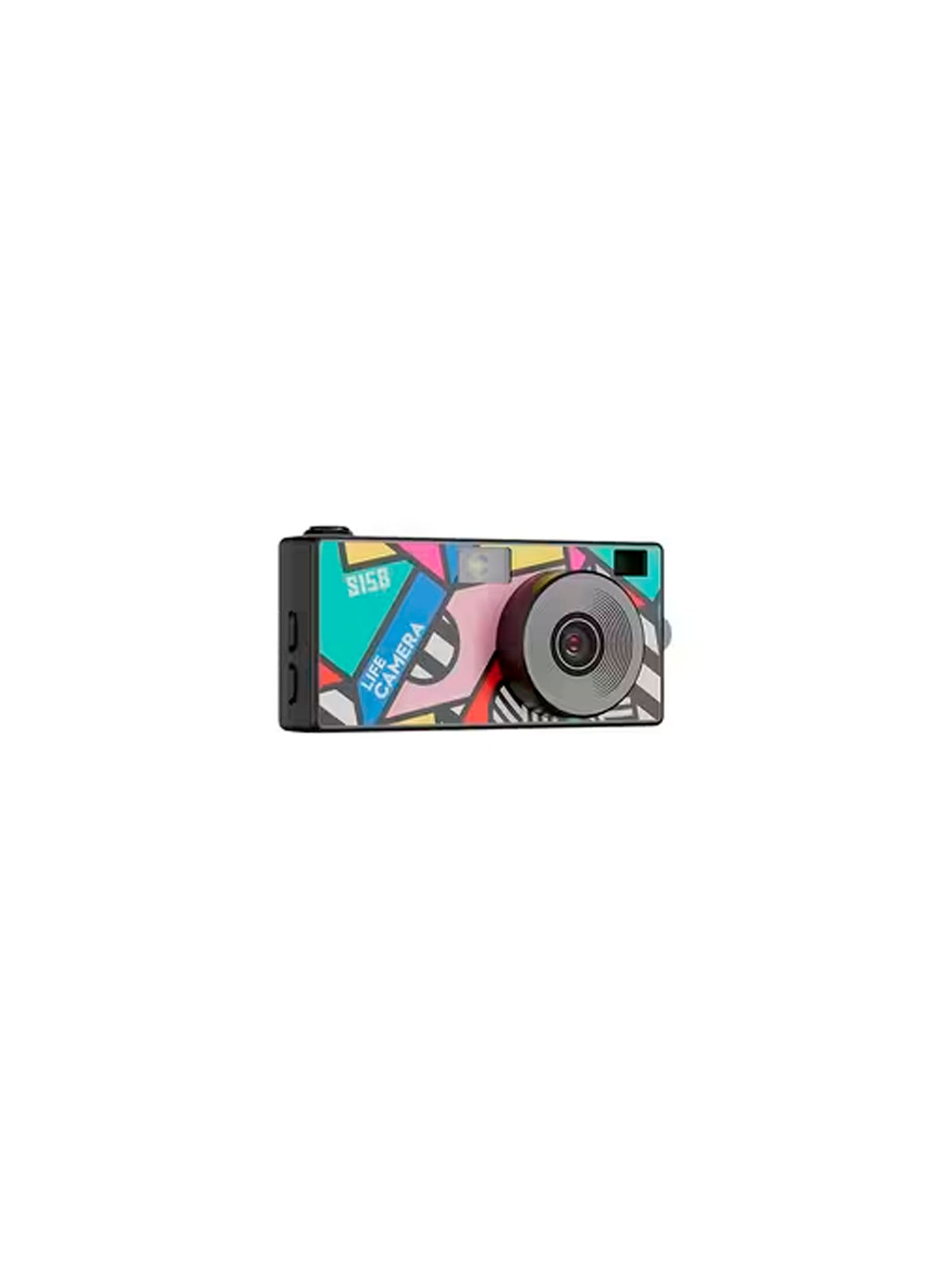 Mini máquina fotográfica digital em preto com padrão geométrico abstrato e vibrante, estilo pop art / anos 90.